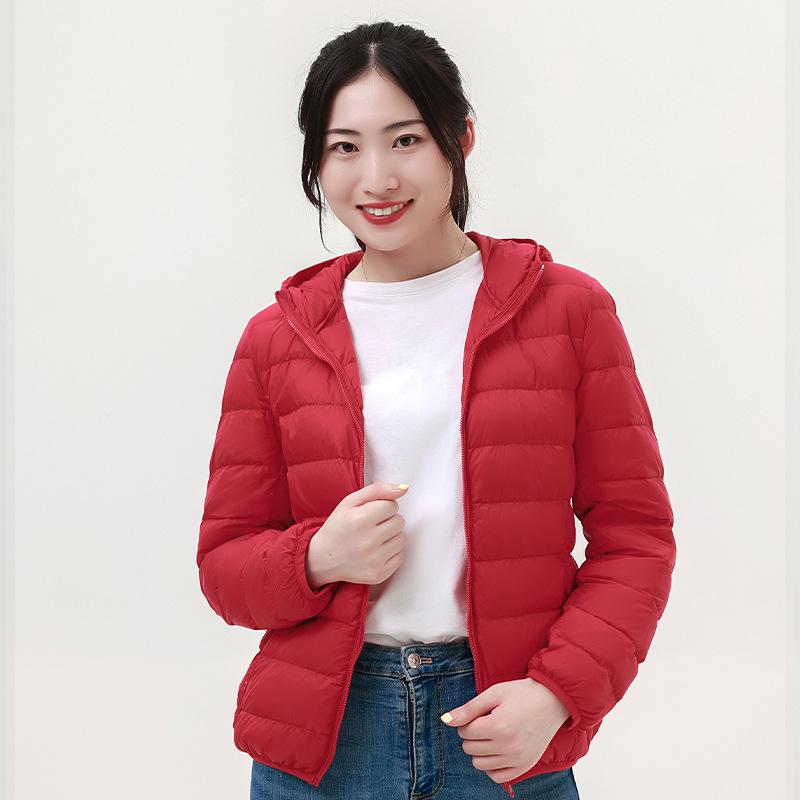 Autumn and winter new women's light stand-up collar hooded down jacket white duck down women's slim fit large size light jacket