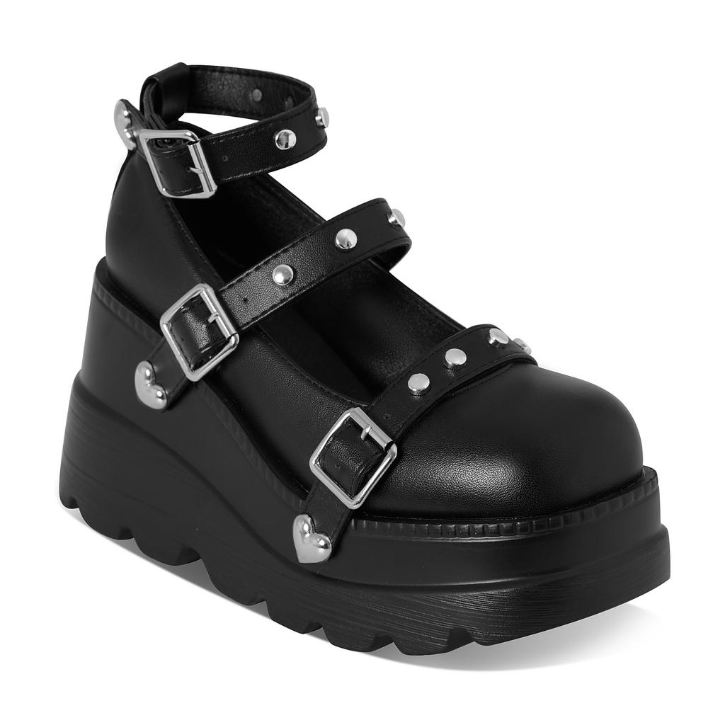 Doratasia Retro Ins Black Round Toe Heel Studded Punk Nightclub Ladies Mary Jane Y2 Lace Buckle Lolita Women'S Shoes