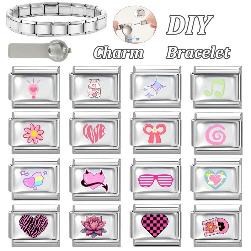 Creative Pink Series Bow Heart  Flowers Glasses Music Italian Charm Links Fit 9mm Stainless Steel Bracelet Women DIY Making Gift