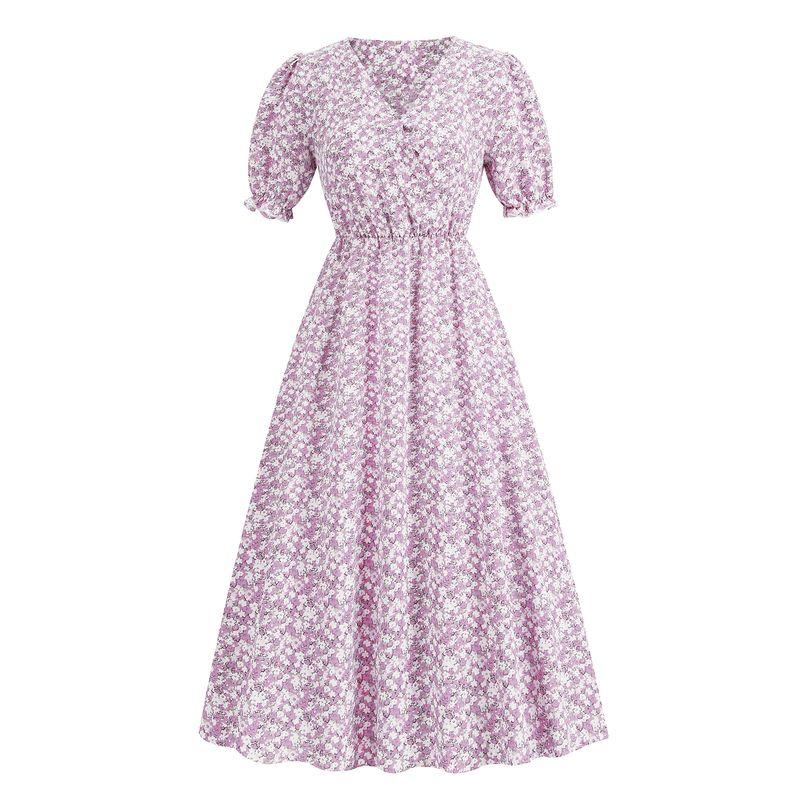 

Summer New Arrival Women s Clothing Fashion Style Vintage Floral V-neck Puff Sleeve Waist Trimming Short-Sleeved Dress High Waist Slimming Skirt Purple 2XL