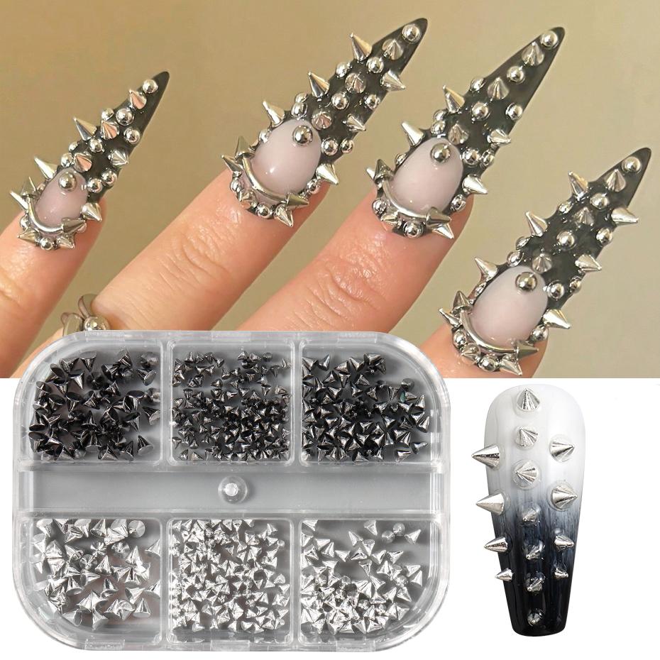 6Grids Metallic Rivet Punk Nail Charm Gold/Silver/Black Cone Spike Studs Nail Art Jewels Aolly Mini Rivet Studs Nail Supplies