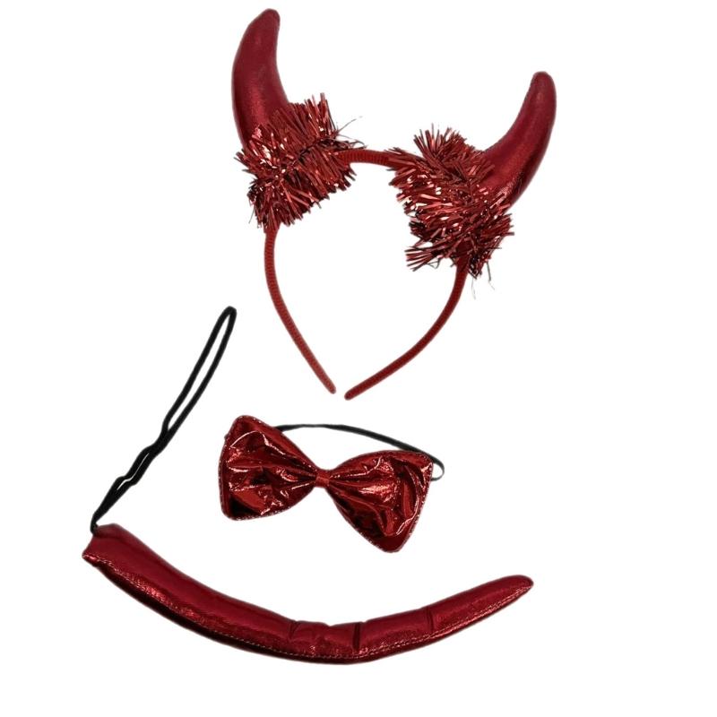 Set di 3 Accessori Costume Diavolo Rosso Con Fasce con Corna Fiocchi Cravatte Code Per Feste di Halloween Natale Cosplay