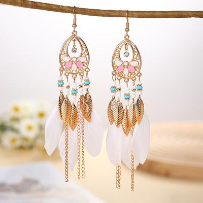 Fashion Vacation Style Bohemian Feather Earrings for Women Ethnic Long Chain Bead Leaf Dangle Earrings Party Daily Jewelry