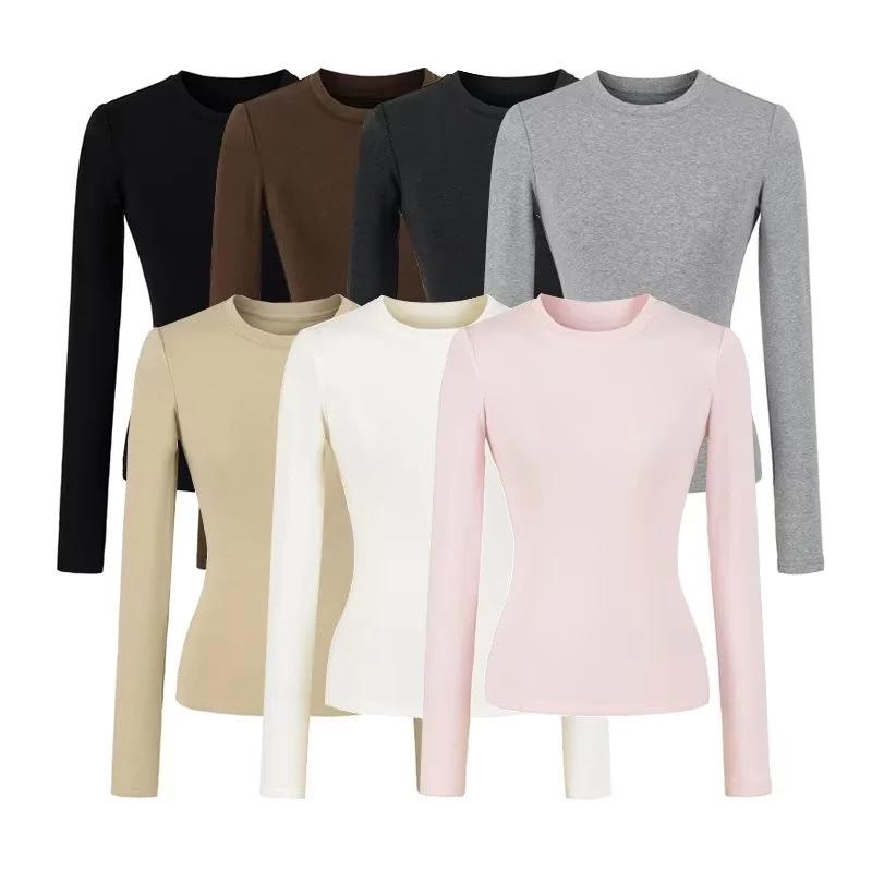 Women's American-Style Long Sleeve Fitted T-Shirt with Stylish Shoulders, Perfect for Autumn and Winter, Imitation Wool Base Layer.