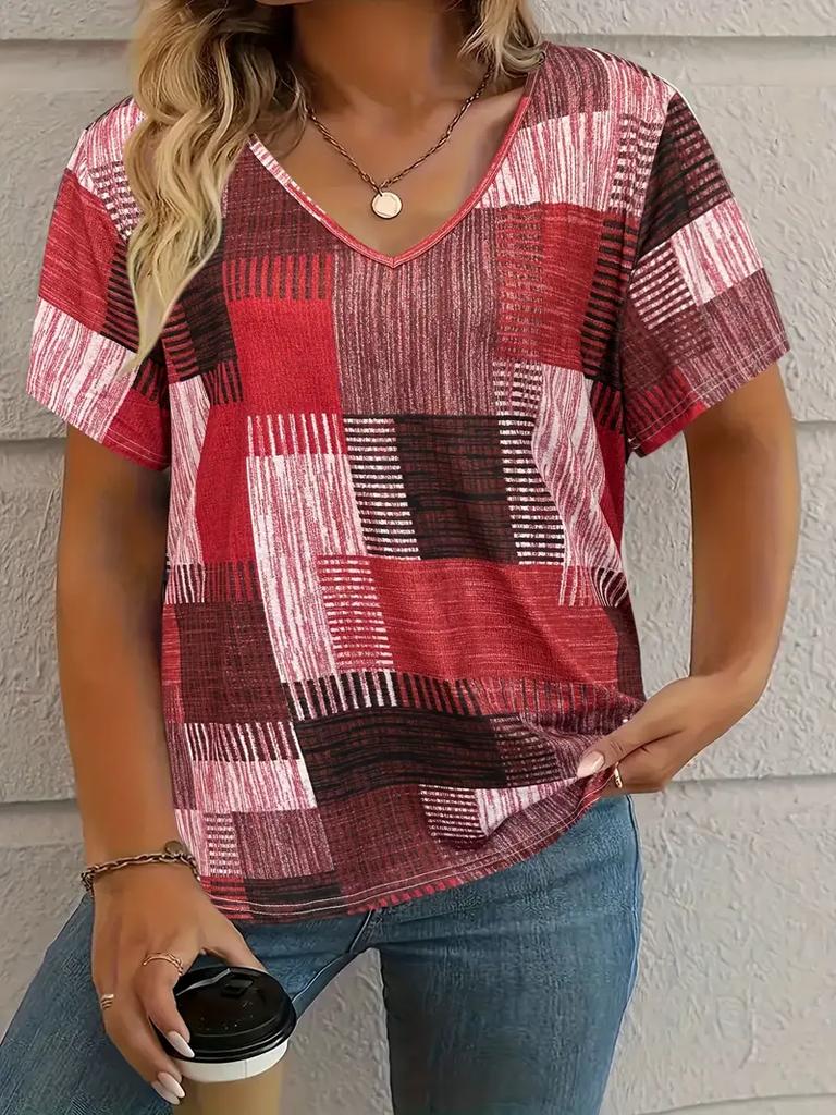 Sommer Kariertes Damen V-Ausschnitt T-Shirt Outdoor Lässig Kurzarm Tops Kariert Bedruckt Trendy Peplum Übergröße Damenbekleidung
