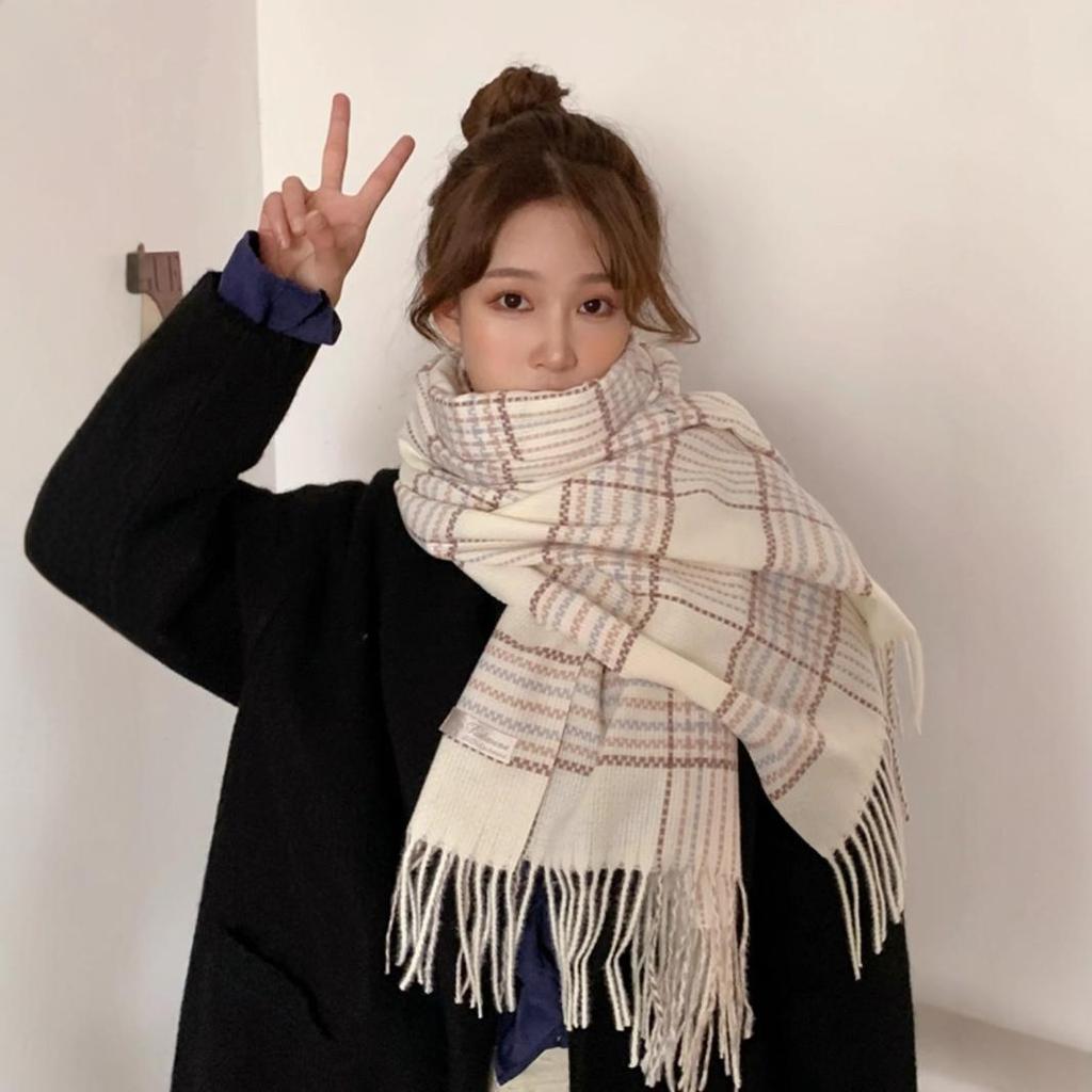 Korean plaid scarf women's autumn and winter atmosphere versatile college style imitation cashmere student couple scarf gift tide