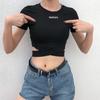 Summer Black T-shirt Women's Short Sleeve Cross Lace-up Sports Dancing Tight Short Top