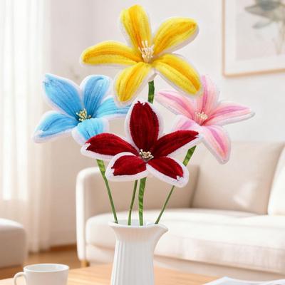 Finished Pipe Cleaner Flower Handmade Long Stem Lily Flower Craft Preserved Fake Flowers Gift