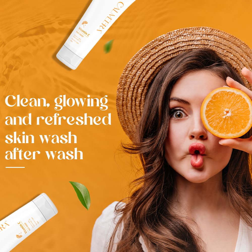 CALMEERA Vitamin C Face Wash with 2% Niacinamide, Hyaluronic Acid & Vitamin E – Skin Brightening & Hydrating Cleanser – Fades Dark Spots, Improves