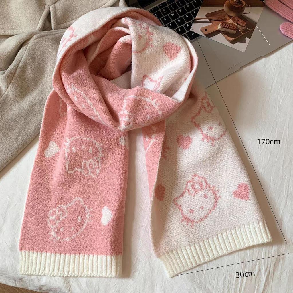 Cute Kitty Cat Double-sided Knitted Scarf Female Winter Korean Atmosphere Thickened Warm Scarf Student