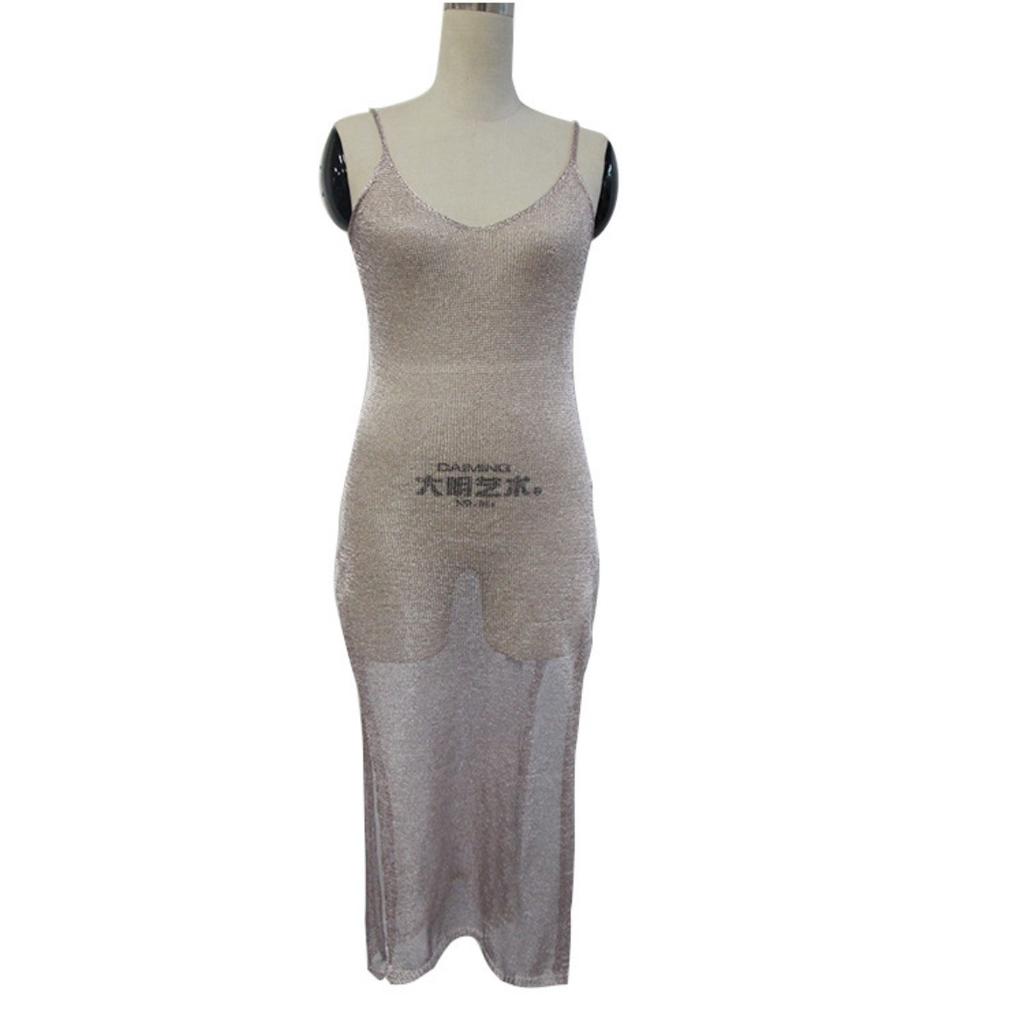 Women's V Neck Sleeveless Knit Beach Dress Loose Fit High Slit Solid Color Cover Up Dress
