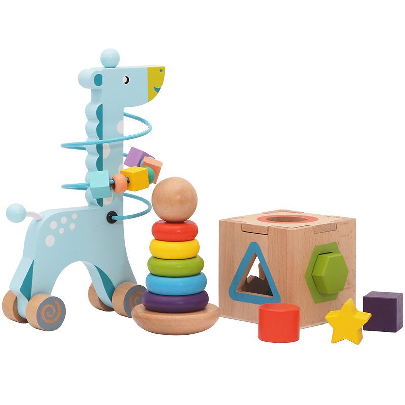 Children's Educational Toy Set: Wooden Building Blocks, Bead Maze, Shape Matching, and Rainbow Stacking Tower.