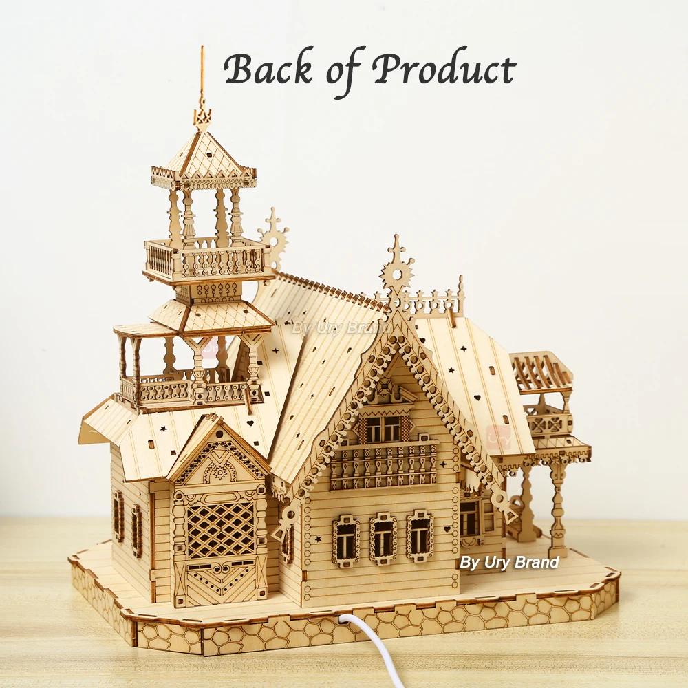 1PC 3D Wooden Puzzle Villa House Royal Castle with Light Assembly Toy Kid Adult DIY Model Kits Desk Decoration for Gift
