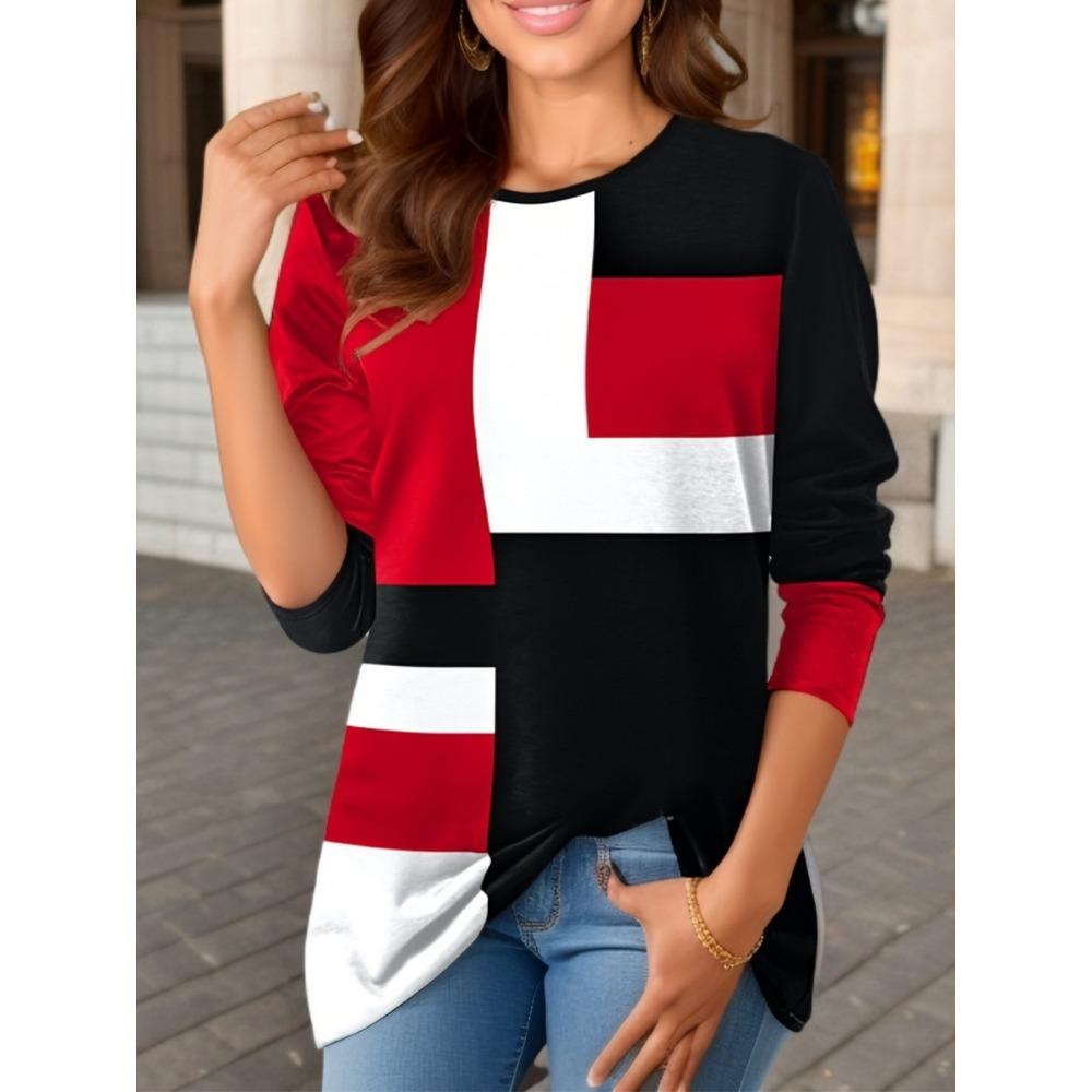 

Женская новая модная футболка с принтом, круглым вырезом и длинными рукавами XXL красный