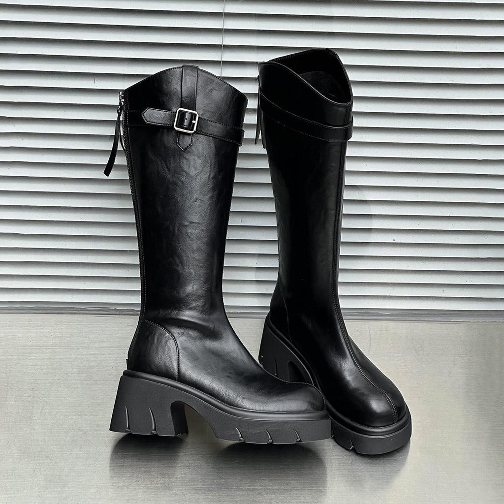 Waterproof table thick bottom but knee mid boots belt buckle soft leather rear zipper boots women's winter