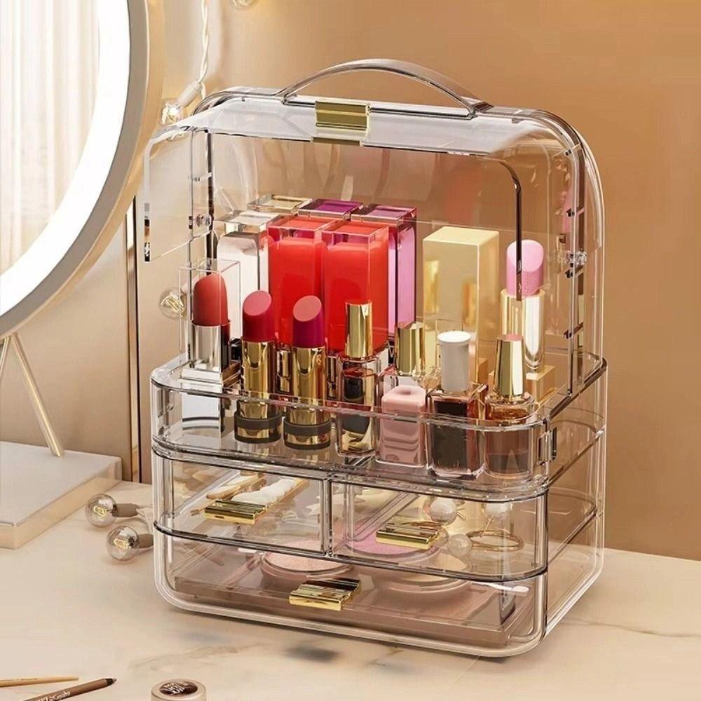 Drawer Style Cosmetics Storage Box Clear Dustproof Makeup Storage Rack with Lid and Handle Multilayer Lip Gloss Storage Stand