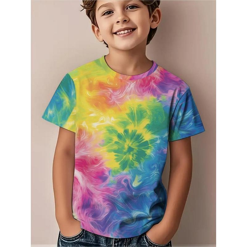 Children's Clothing Boys Spiral Tie-Dye Short Sleeve Rainbow Swirl Print Round Neck Top Summer Casual Erano Colorido Boy Clothes