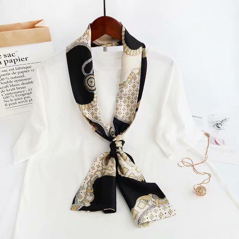 Luxury Silk Long Scarf Women Bag Handle Ribbon Ladies Plaid Print Headband Small Hair Scarves Band Female Handkerchief