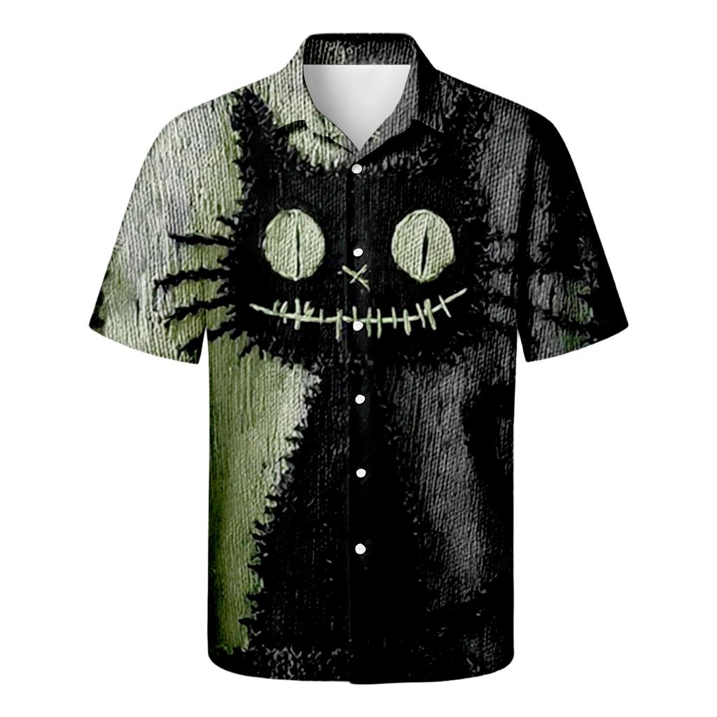 Herren Freizeithemd Kurzarm Button-Down Halloween-Print Leichter atmungsaktiver Stoff Locker geschnittenes Hemd für den Alltag