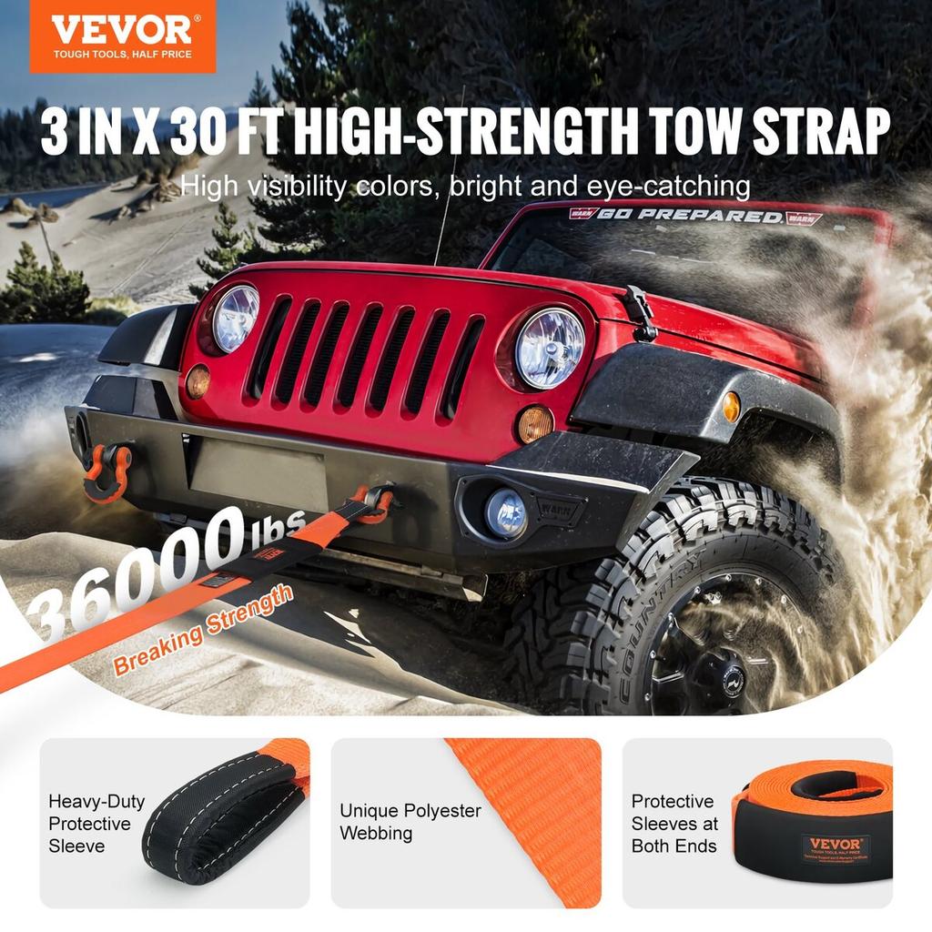 Heavy Duty Tow Strap Recovery Kit 3" X 30 Ft (MBS-36,000 Lbs) Tree Saver Winch Strap, Triple Reinforced Loop & Protective Sleeves & Storage Bag , 3/4"