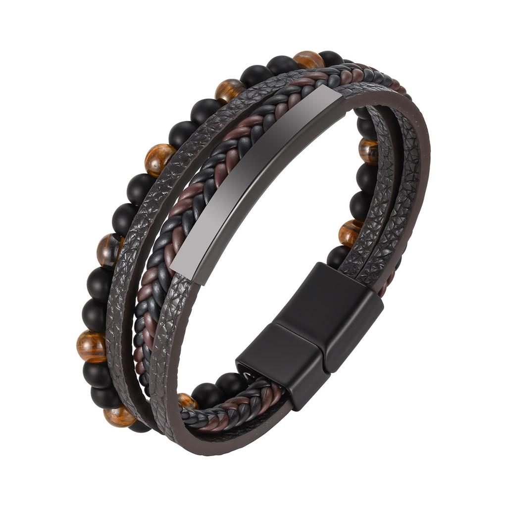 Xiaomi Vnox Black PU Leather Bracelets with Tiger Eyes Beads, Stainless Steel Bangle Wristband, Gift to Dad Husband Boyfriend