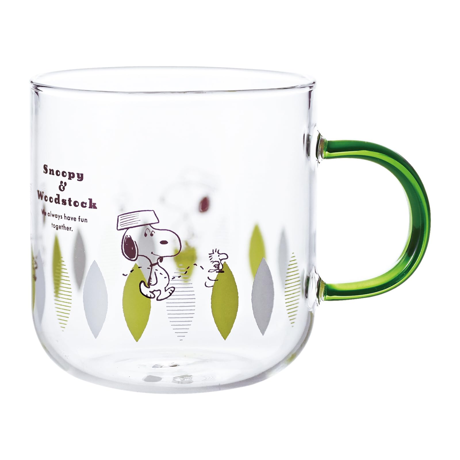 

PEANUTS Snoopy & Woodstock Heat-Resistant Glass Mug, Approx. 400ml, Microwave-Safe, Colored Handle, Green Leaf, Made in Japan, 608140