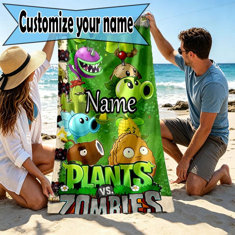 Custom Name Personalized Plants vs. Zombies Print Beach Towel, for Trip Camping Beach Party Home Decor, Birthday Gift for Family & Friends