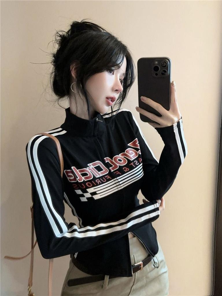 Girls Y2K Tops Workout Cycling T-shirts Zipper Long Sleeve Fashion Club Wear Sexy Women's T-shirts Sports Tees