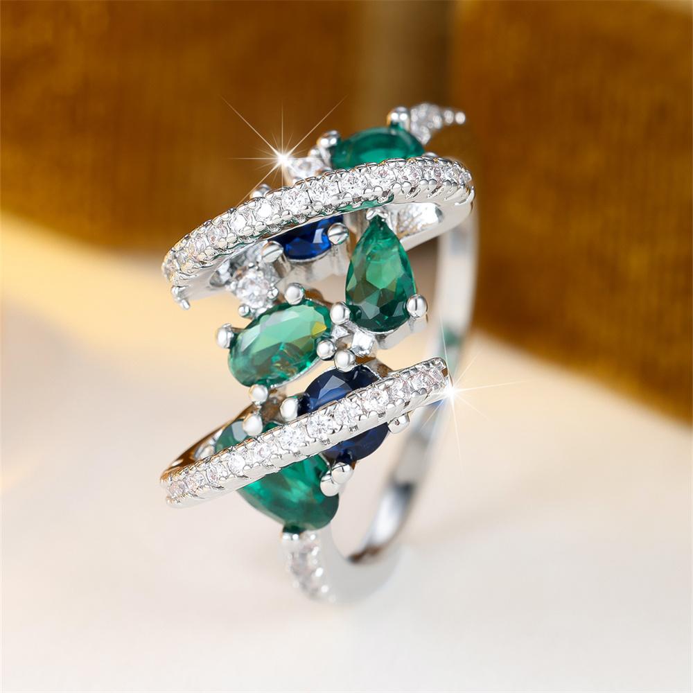 Green Crystal Geometric Stone Blue Zircon Rings For Women Vintage CopperColor Engagement Wedding Jewelry Bridal Valentine Gifts