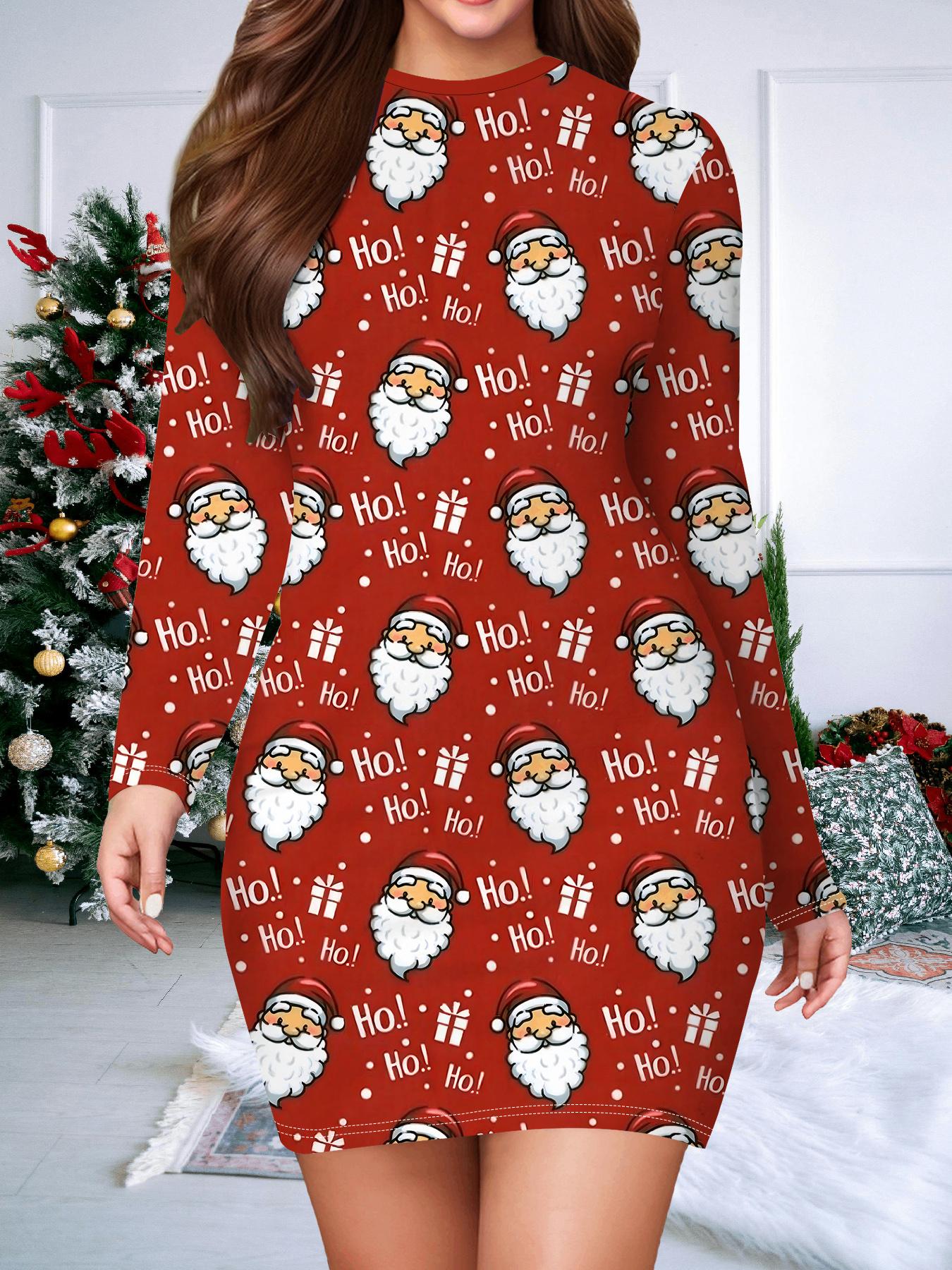 

2025 Осень и Зима Новое Женское Платье в Облипку, 3D Рождественская Печать и Крашение Женская Мода Длинный Рукав Круглый Вырез Сексуальное Платье в Облипку XXL красный