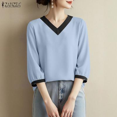 Women Casual V-Neck Loose 3/4 Sleeve Blouse
