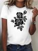 Camisetas cómodas de verano para mujer manga corta cuello redondoestampado de rosas blancas y negras ropa informal de