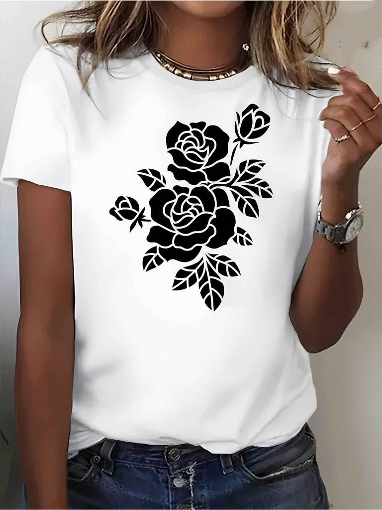 Camisetas cómodas de verano para mujer manga corta cuello redondoestampado de rosas blancas y negras ropa informal de