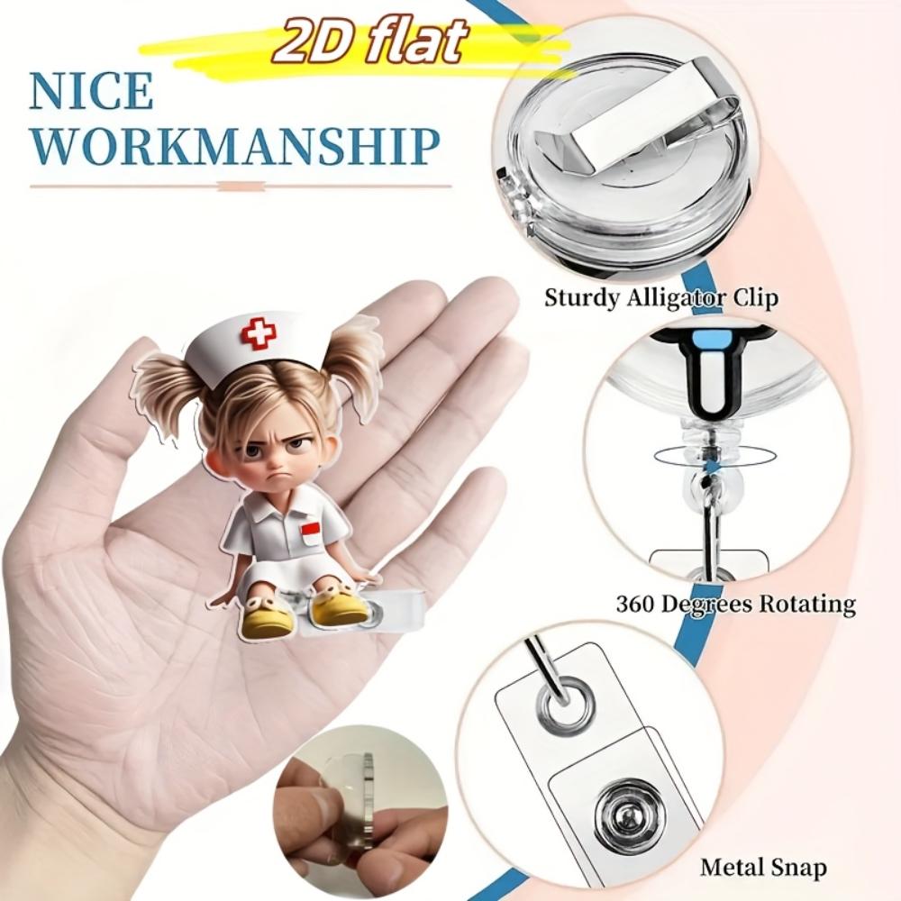 2D Flat Acrylic Cartoon Nurse & Doctor Card Holder, Retractable Badge Reel, Hospital ID Badge & Chest Pin for Doctors & Nurses