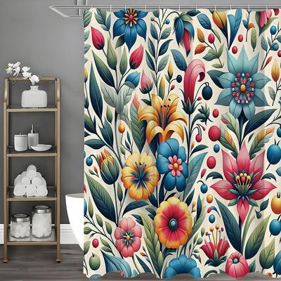 Spring Colorful Floral Leaf Shower Curtain, Bathroom Decorative Shower Curtain, Waterproof Shower Curtain with Hooks