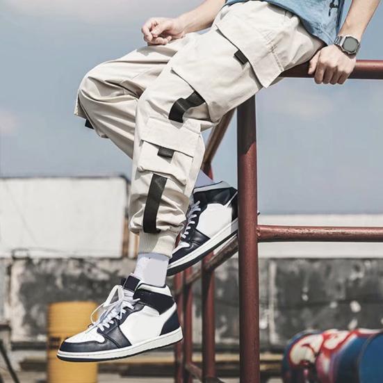 Herre Cargobukser Løse ankelbånd med snøring Elastisk midje Ensfarget multilommer Stroppdekor Fitness Streetwear Utendørs reisesportsbukser