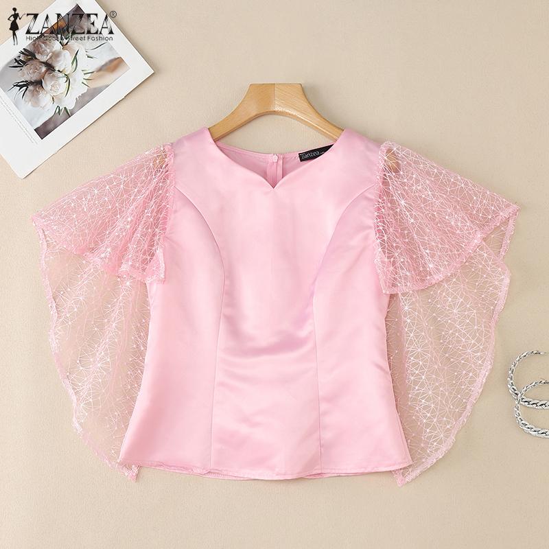 ZANZEA Women Summer V-Neck Lace Splice 3/4 Sleeve Blouse