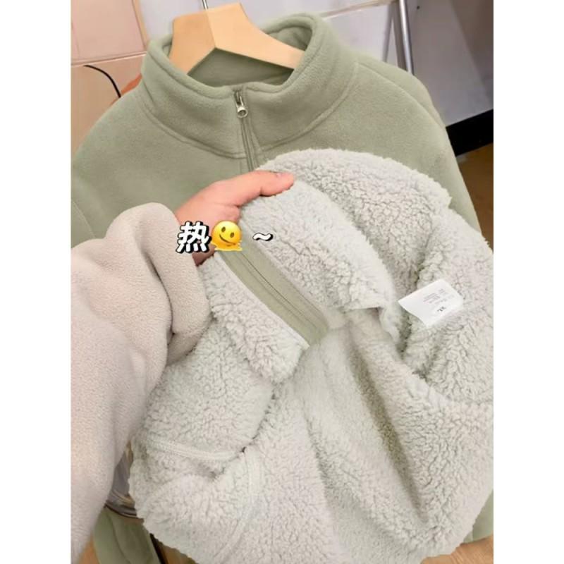 Womens Fleece Jacket Winter Warm Cardigan Double-sided Velvet Liner Stand Collar Coat