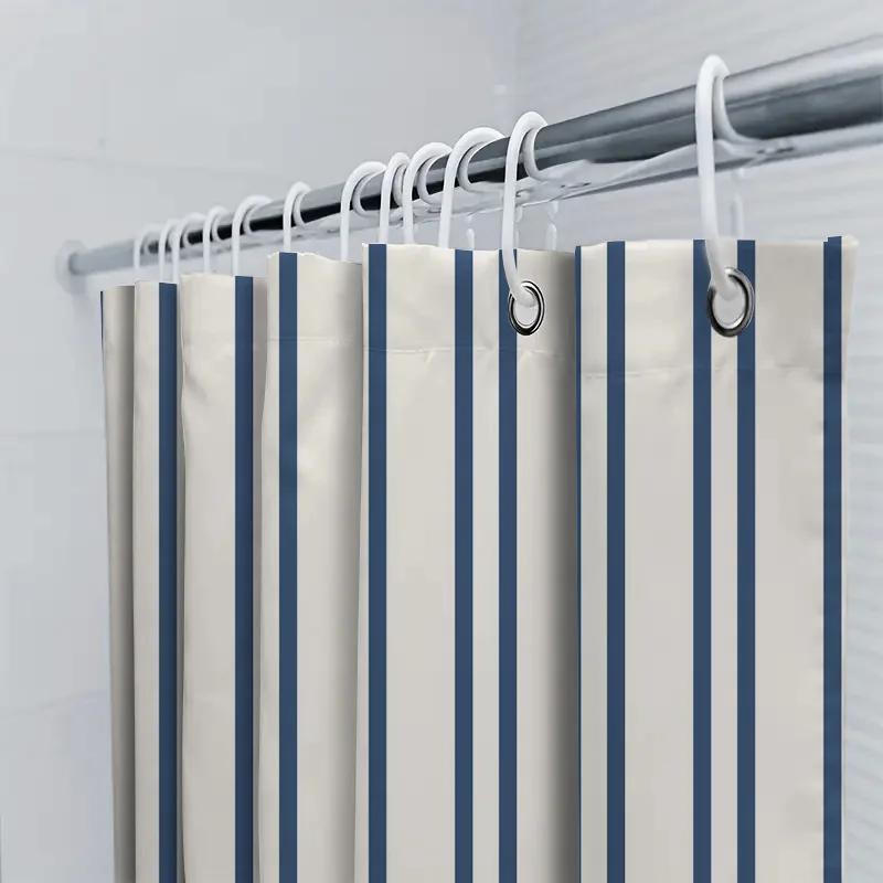 Classic Blue White Striped Shower Curtain Waterproof Bath Mat Decorative Liner Rectangular Size Customizable For Bathroom Access