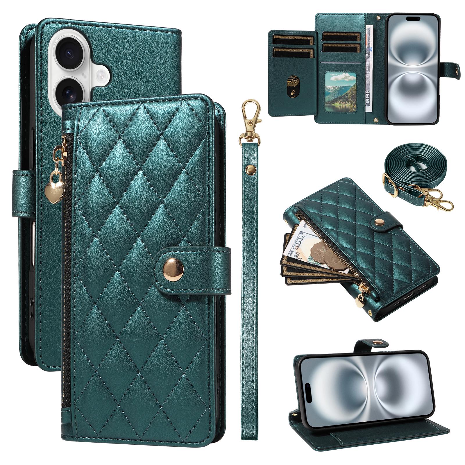 

For iPhone 16 Wallet Case with Straps,Rhombus Leather Stand Phone Cover Blackish Green
