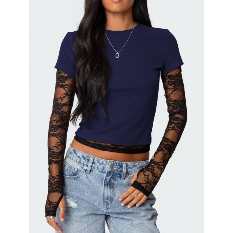 

Women s Lace Patchwork Sleeve Fake Two-piece Long Sleeved Round Neck T-shirt S чорний