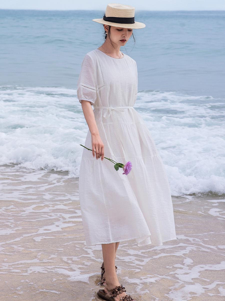 Women s White Cotton Linen Puff Sleeve Belted Midi Dress L