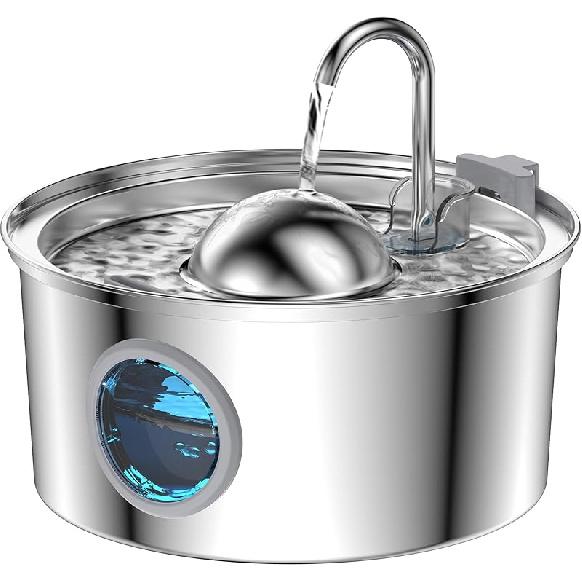AONBOY Cat Water Fountain Stainless Steel, 108oz/3.2L Cat Fountain, Pet Water Fountain with Water Level Window, Hemispherical Shape, Multi-Filter, Fountain