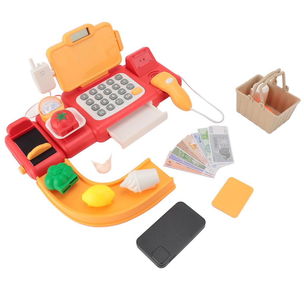 Cash Register Toy for Kids with Checkout Scanner Play Food Set Play Calculator Credit Card Rder Voice Broadcast Pretend Cash Register