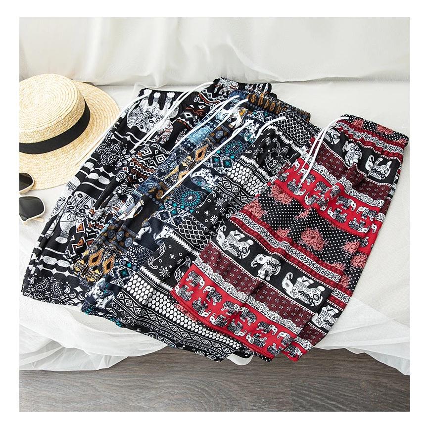 Elephant Pants Shorts Casual Adjustable Elastic High Waistband Strap Rope Women Men Unisex Print Thailand Streetwear Beach Bohemian Retro Vintage Boho