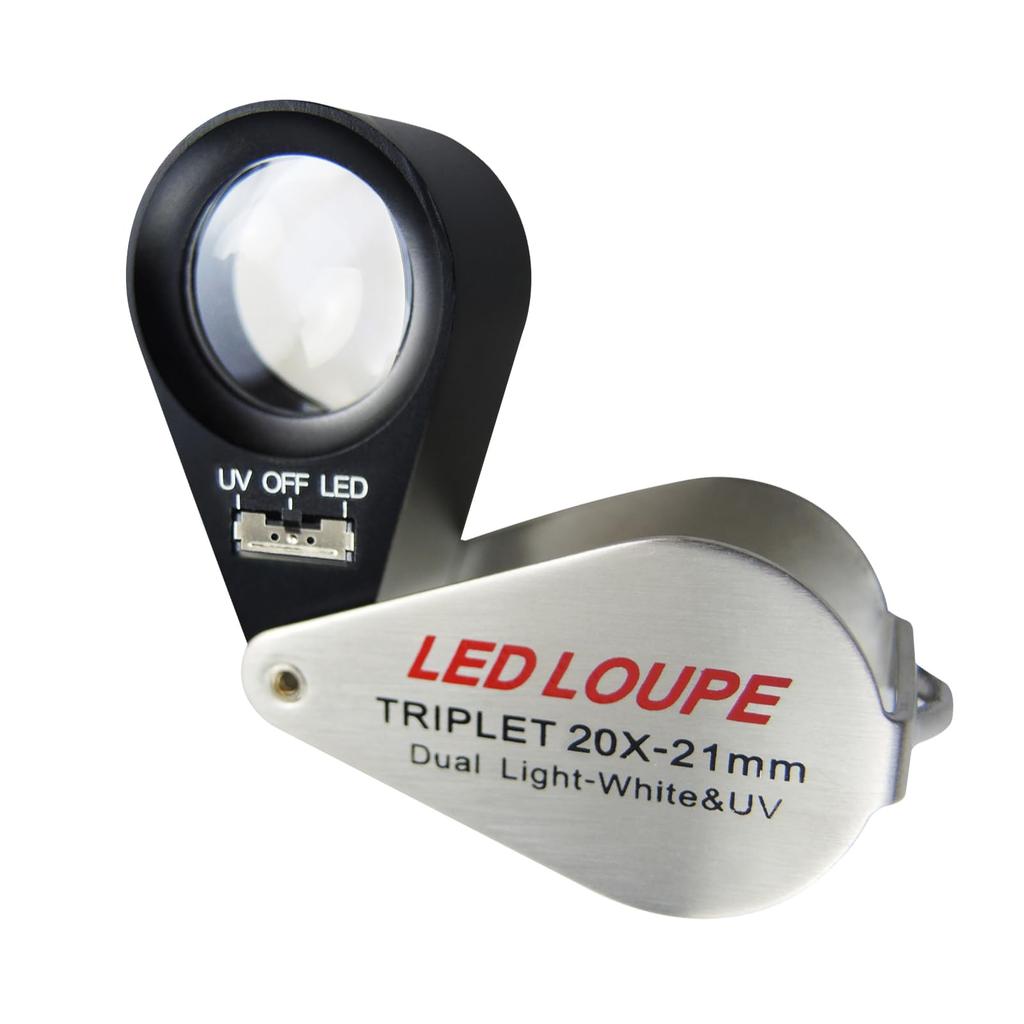 GAIN EXPRESS Foldable 20X Magnifying 20x Triplet Jewelry Loupe with LED and UV Light for and Jewelry Appraisal Glass, 21mm, Magnification, Lens,