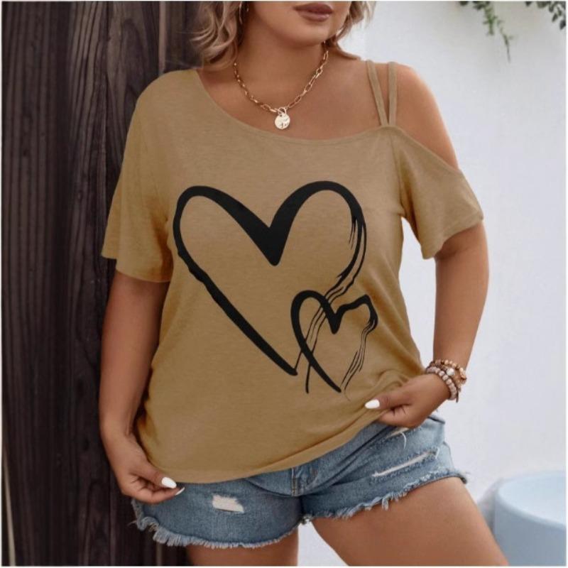 Large Casual Asymmetrical Collar with Heart-shaped Printed Suspender and Elastic Short Sleeves Women's T-shirts