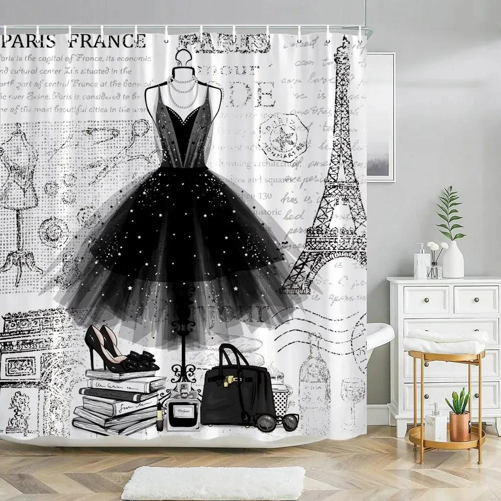 Pink Perfume High Heel Shower Curtain Set Black White Stripes Fashion Girl Woman Bathroom Decor Polyester Bathtub Curtains Hooks