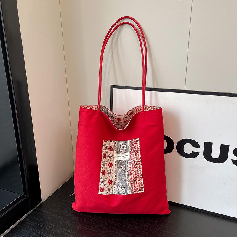 Trendy Korean Floral Print Shoulder Bag Spring New Double Sided Casual and Simple Commuting Bag Lightweight Canvas Tote Bag