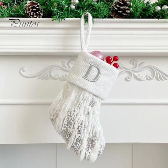 1Pc Christmas White Stocking Letter Embroidery Knitted Handmade Reusable Xmas Tree Hanging Gift Bag Stocking Pendant Party Holiday Decoration